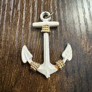 Vintage White Anchor Gold Tone Rope Metal Pendant Beach Nautical Ocean Shore